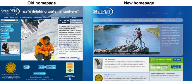 SteriPEN.com homepage comparison