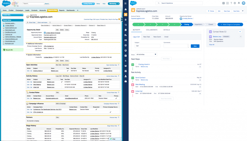 Comparison of Opportunity records in Salesforce Classic and Lightning Experience